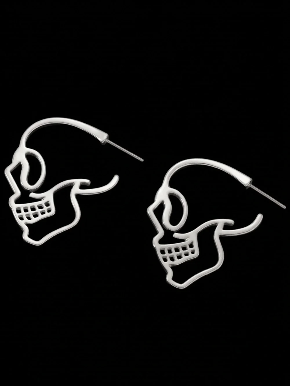 “Skull Profile” Skeleton Outline Cut-Out Hollow Gothic Punk Macabre Silver Hoops